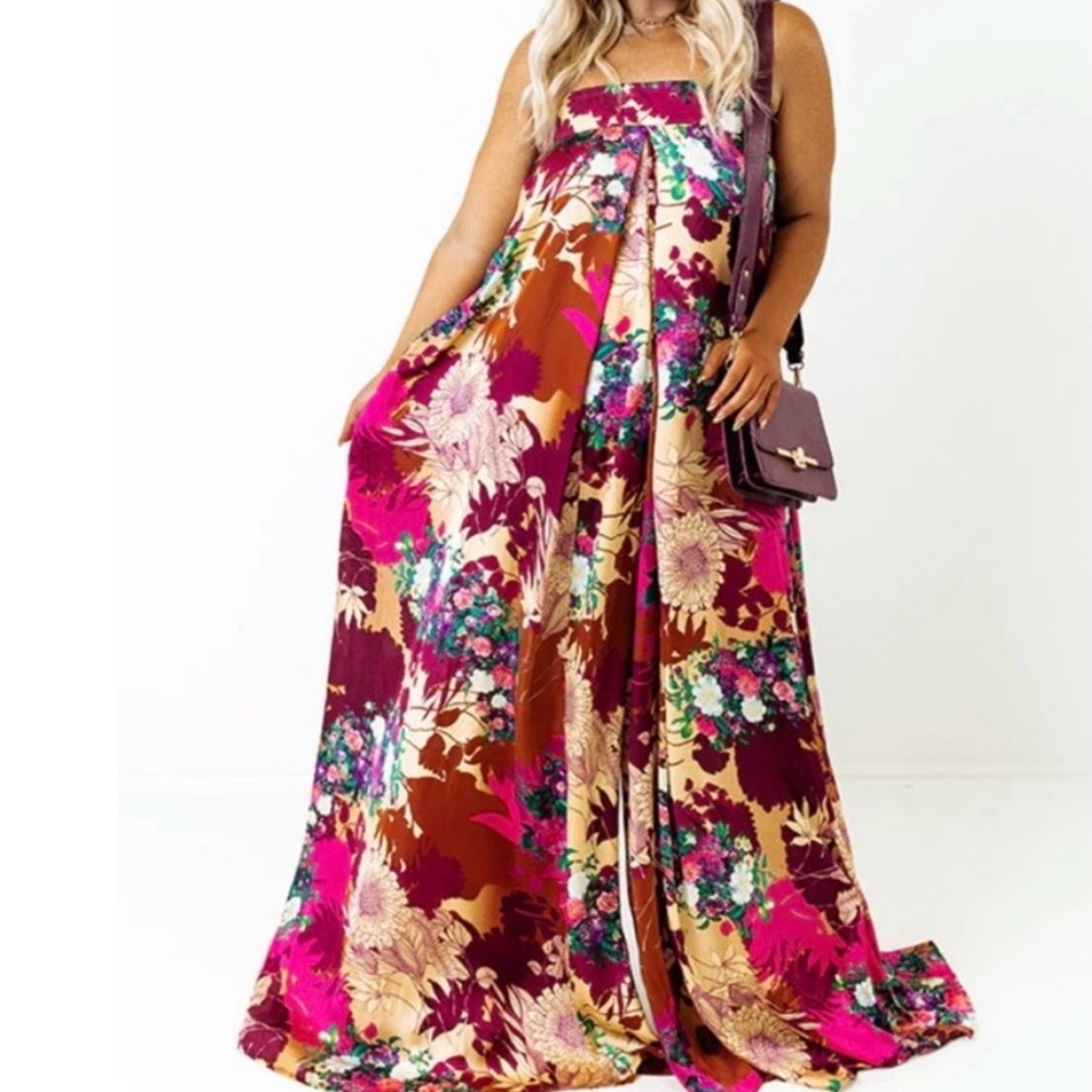 Impressions Floral jumpsuit Dress in Pink and Burgundy